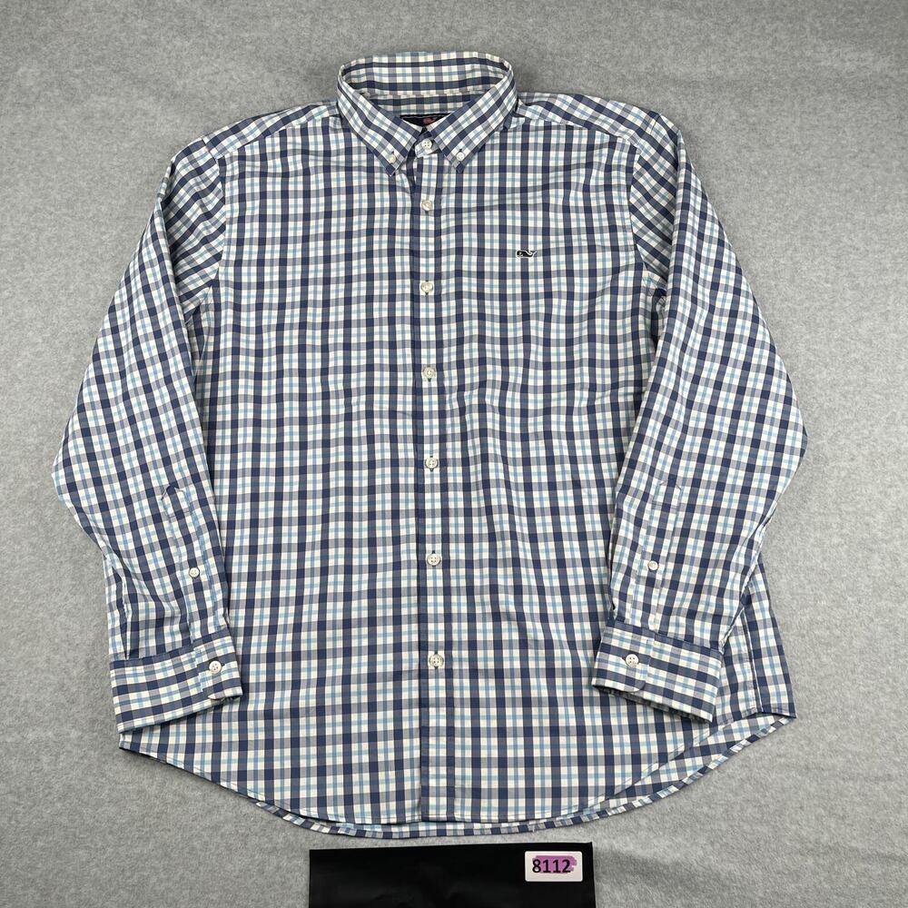 Vineyard Vines Whale Shirt XL Blue Tattersall Check Nylon Button Up Long Sleeve